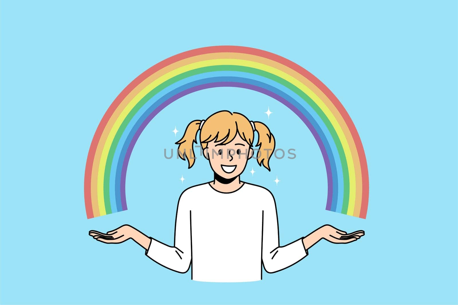 Enjoying natural rainbow colors concept. Small smiling girl standing and showing colorful rainbow with two hands over blue air background vector illustration