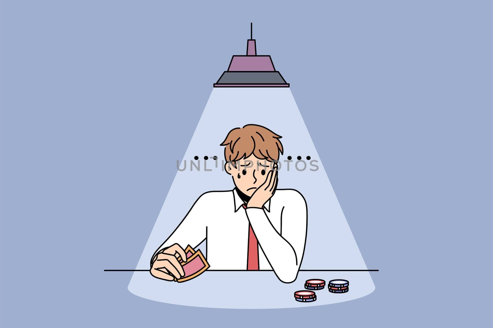 Gambling betting and loss concept. Sad depressed unhappy young man player sitting in casino playing with bets and ready to lose everything vector illustration