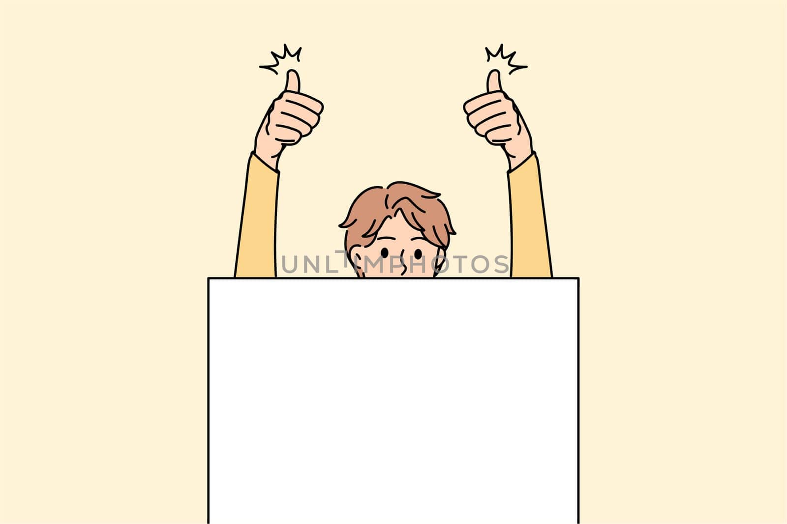 Copy space and thumbs up concept. Smiling man standing holding huge white copy space blank sign in hands for marketing advertisement and showing thumbs up sign vector illustration