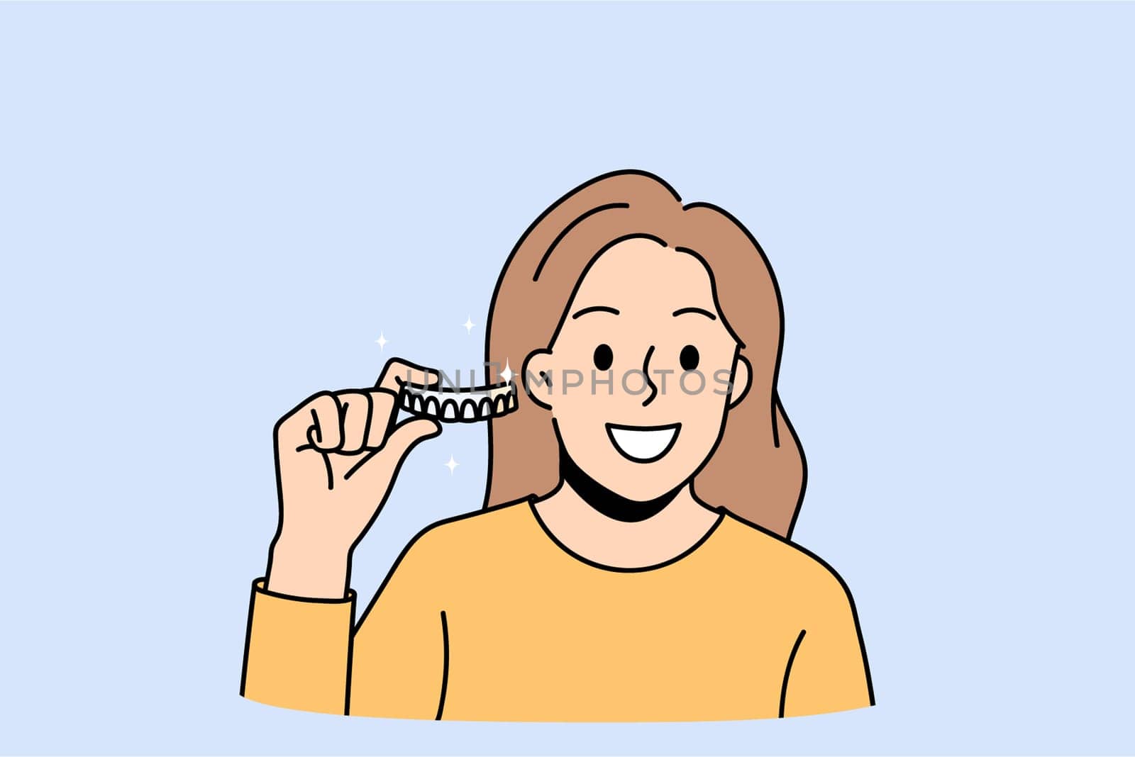 Dental hygiene and tooth care concept. Smiling positive woman standing holding and showing braces or whitening strips in hands vector illustration
