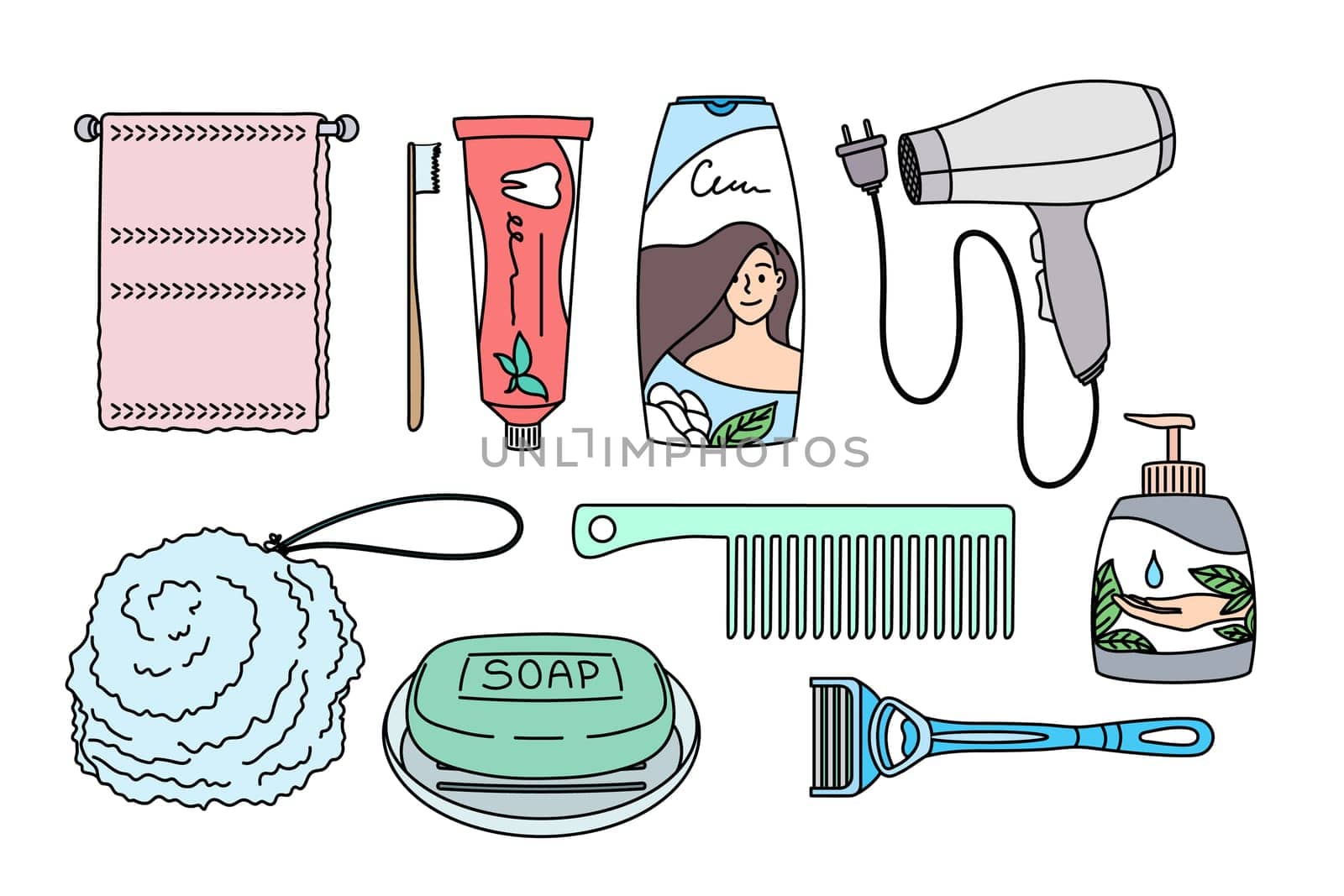 Female beauty and wellness concept. Group of objects for woman home beauty hair dryer towel shampoo soap brush toothpaste for everyday hygiene vector illustration
