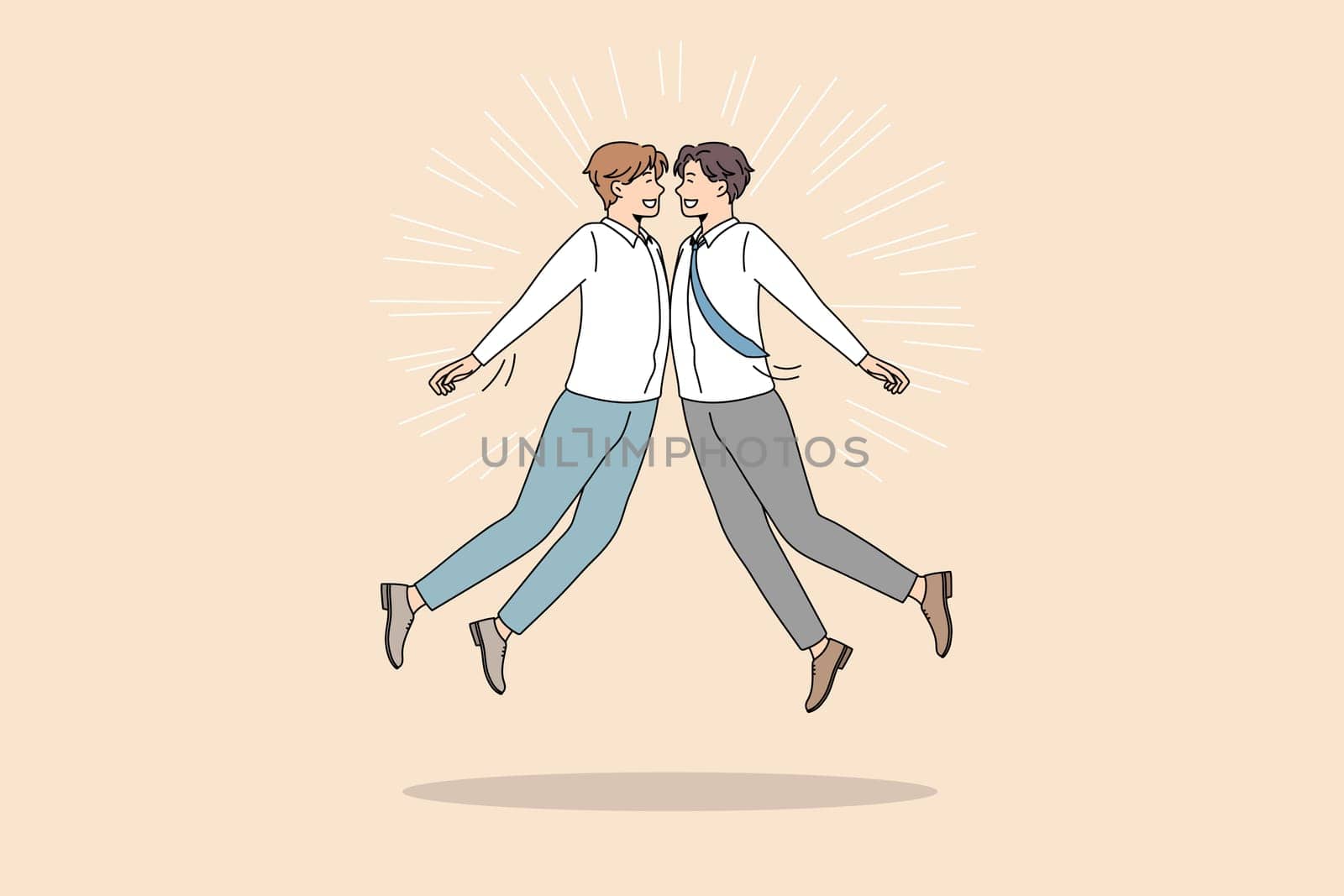 Teamwork collaboration and success concept. Two men colleagues jumping towards each other bumping with bellies celebrating business development vector illustration