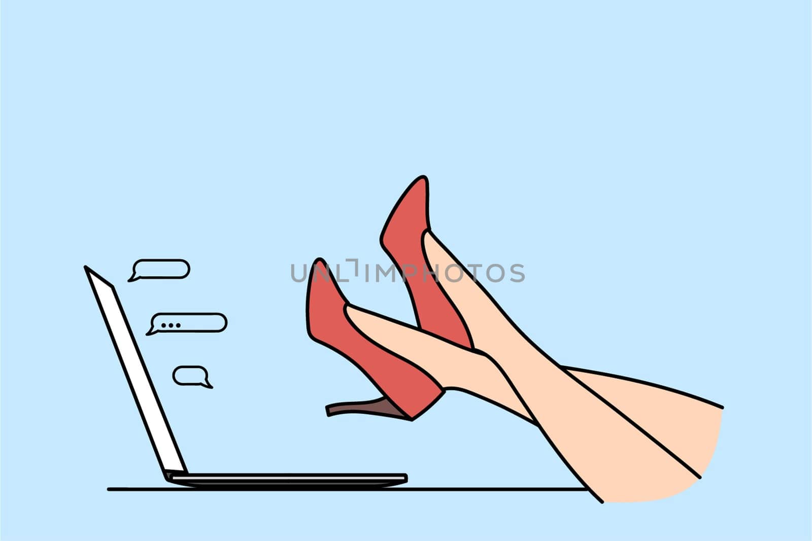 Elegance and fashion on work concept. Foot in high red heel shoes relaxing on laptop keyboard with chat bubbles from screen vector illustration