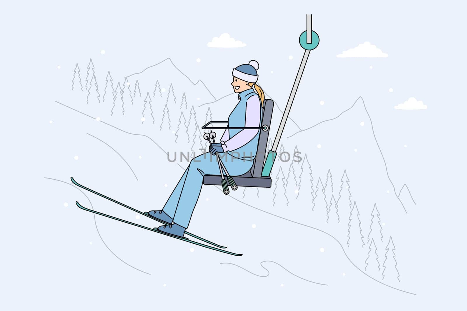 Winter sport and Ski lift concept. Positive young woman skier riding up on ski lift to slide down slope in mountains outdoors enjoying winter vector illustration