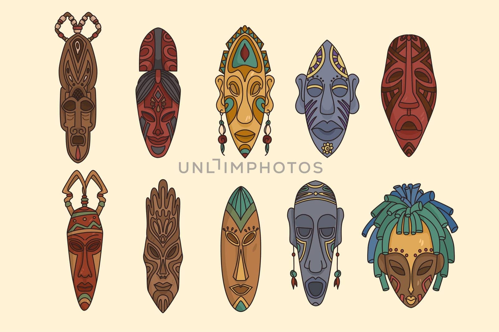 Set of tribal African masks on white background. Collection of colorful ritual facemasks of indigenous people or tribes. Aborigine Africa culture, diversity. Vector illustration, cartoon character.