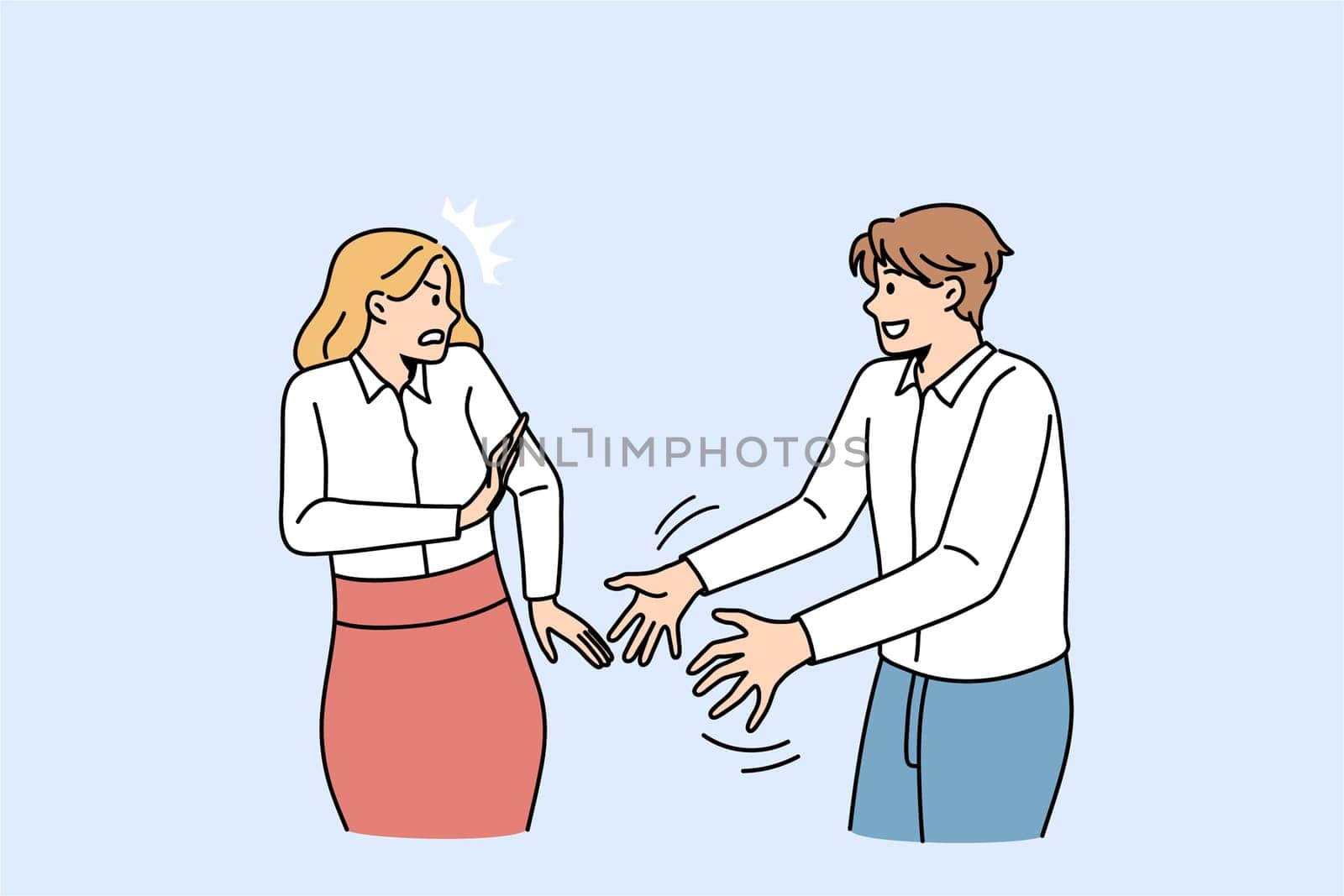 Personal distance and boundaries concept. Smiling positive man worker standing trying to touch female colleague with stressed face and pushing him hands vector illustration