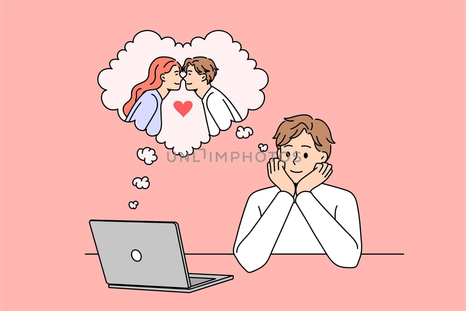 Dreaming of love and online dating concept. Smiling boy sitting at laptop dreaming of his girlfriend imagining their date online vector illustration