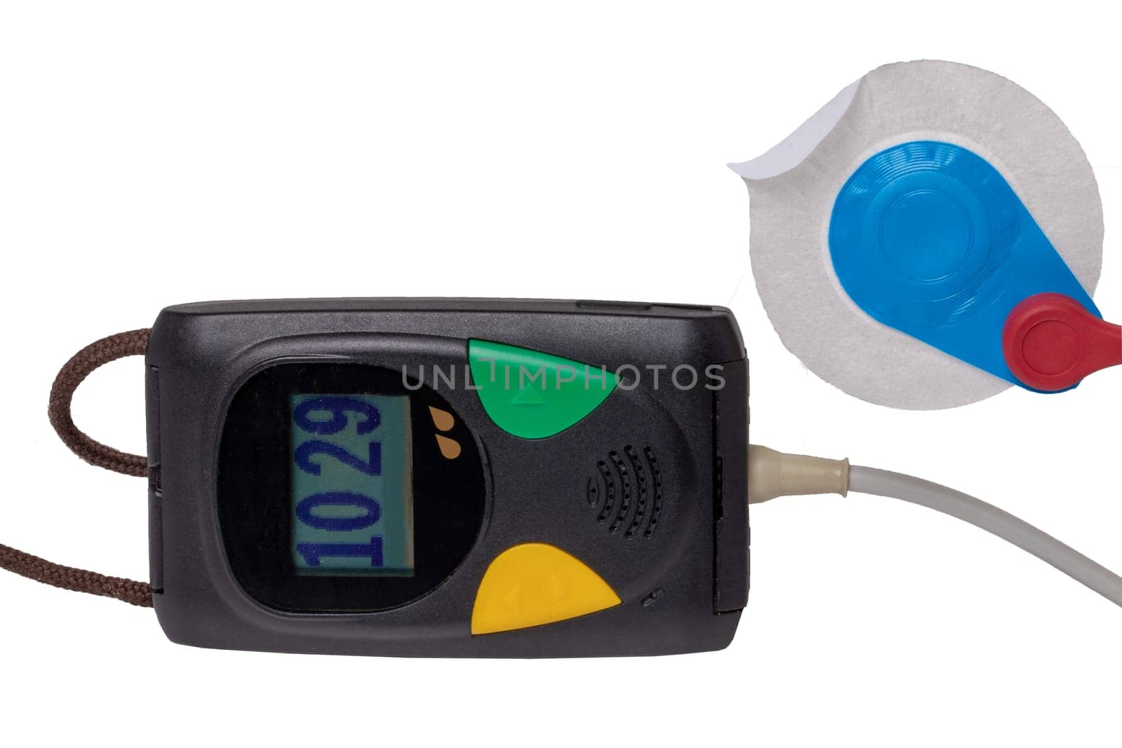 Heart monitor with ECG. Close-up of a Heart monitor with EKG (Electrocardiography) which recording of the heart's current waveform using electrodes attached to the body. Macro.Isolated.