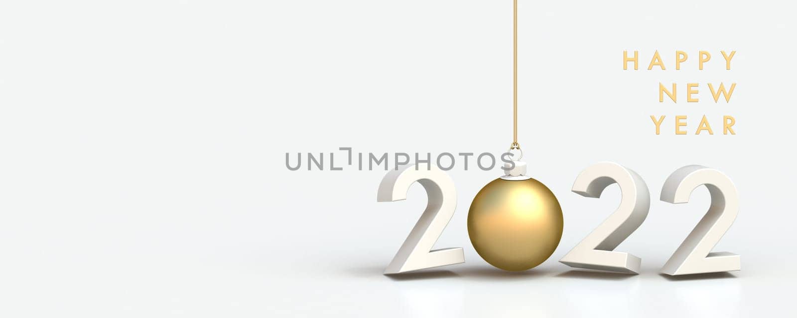 2022 New Year greeting card with golden Christmas ball 3D rendering 3D illustration
