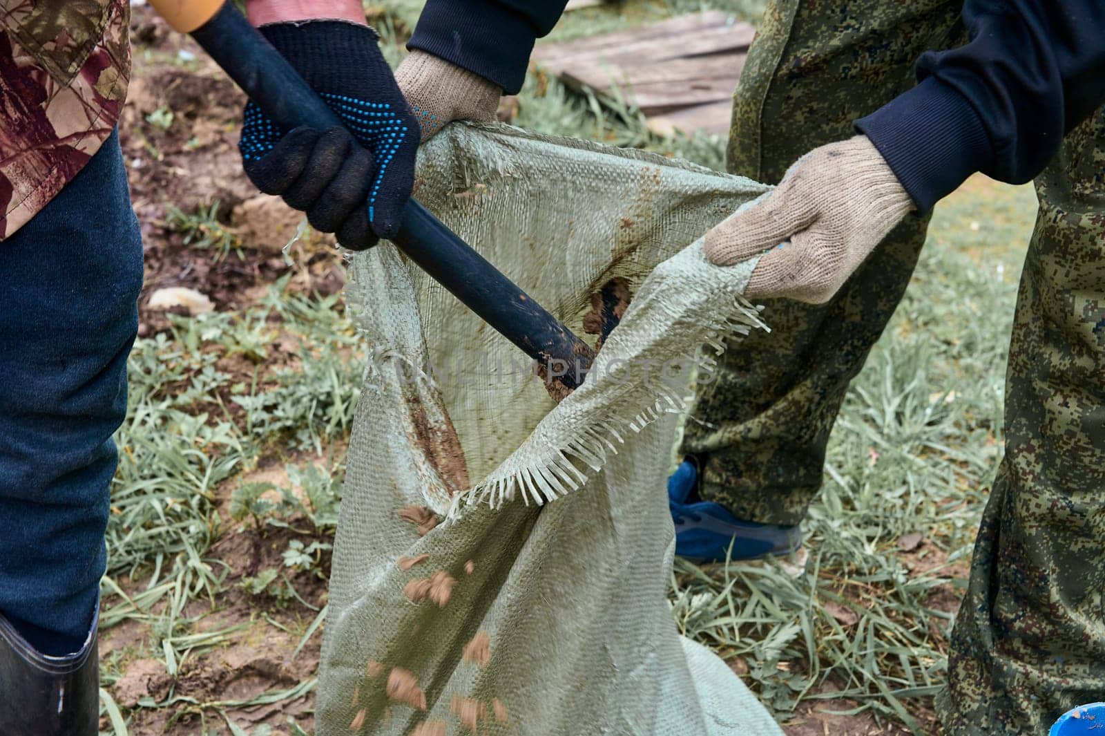hands holding an open bag into which the earth is filled. High quality photo