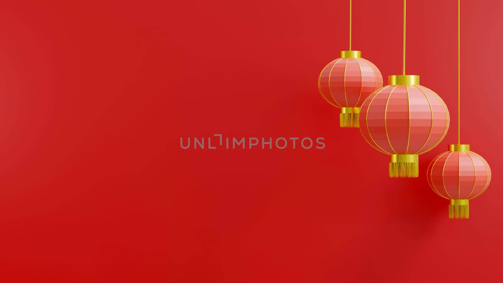 Happy Chinese New Year. Chinese lantern cylindrical shape on red background, Hanging red paper lantern traditional lamp, luxury CNY element for web design, lantern festival, 3D Rendering illustration