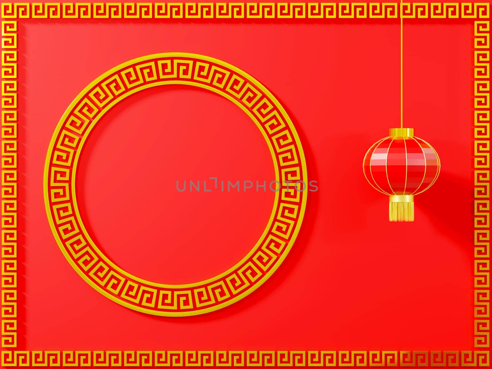 Happy Chinese New Year. Chinese lantern in golden lanterns frame pattern on red background decoration element for web design, lantern festival, 3D Rendering illustration