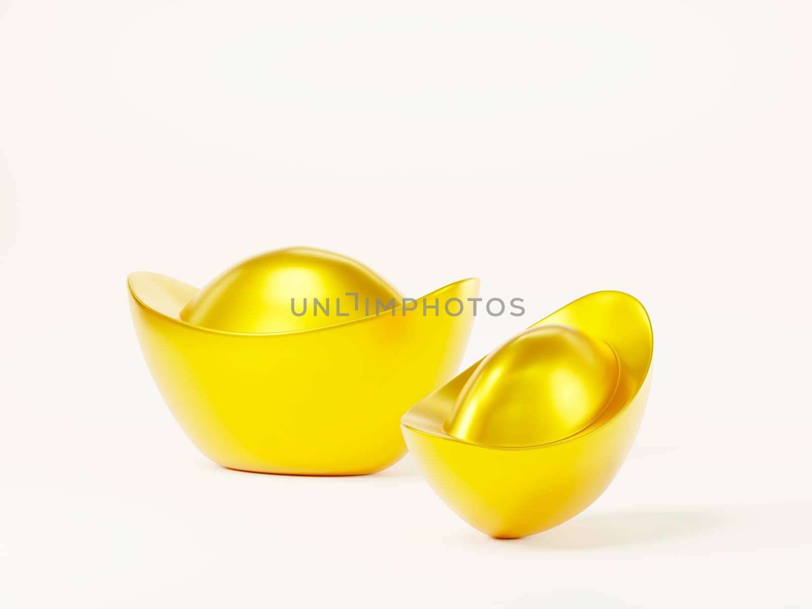 Happy Chinese New Year. Realistic Yuan Bao Chinese gold sycee ingots on white background icon for web design, Feng shui symbol New year lucky gift, Golden ancient China money 3D Rendering illustration