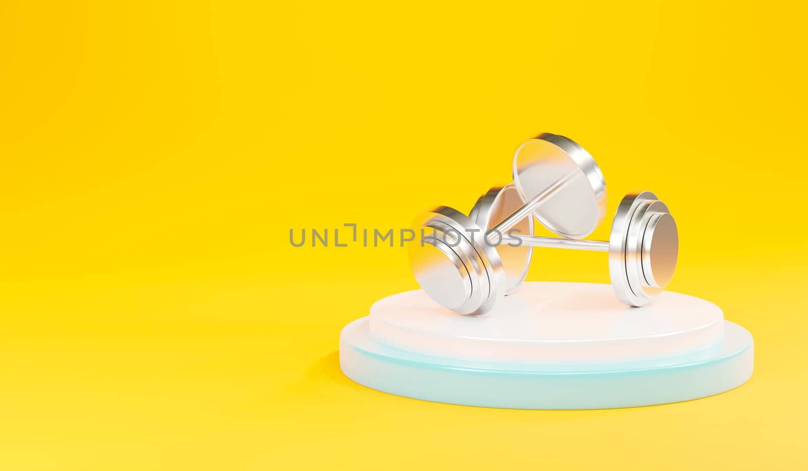 Two dumbbells against metal on podium isolated on yellow background, Product gym fitness and accessories sports weight equipment symbol, 3D rendering illustration