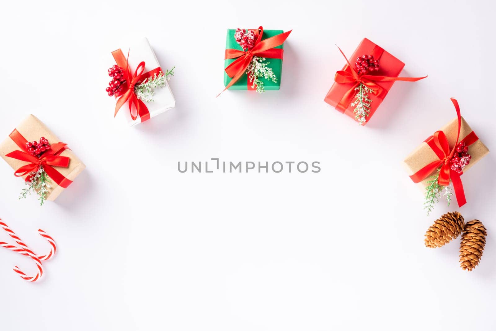 Christmas holiday composition gift boxes and decoration presents, Top view flat lay of Xmas ornament studio shot isolated on white background with copy space