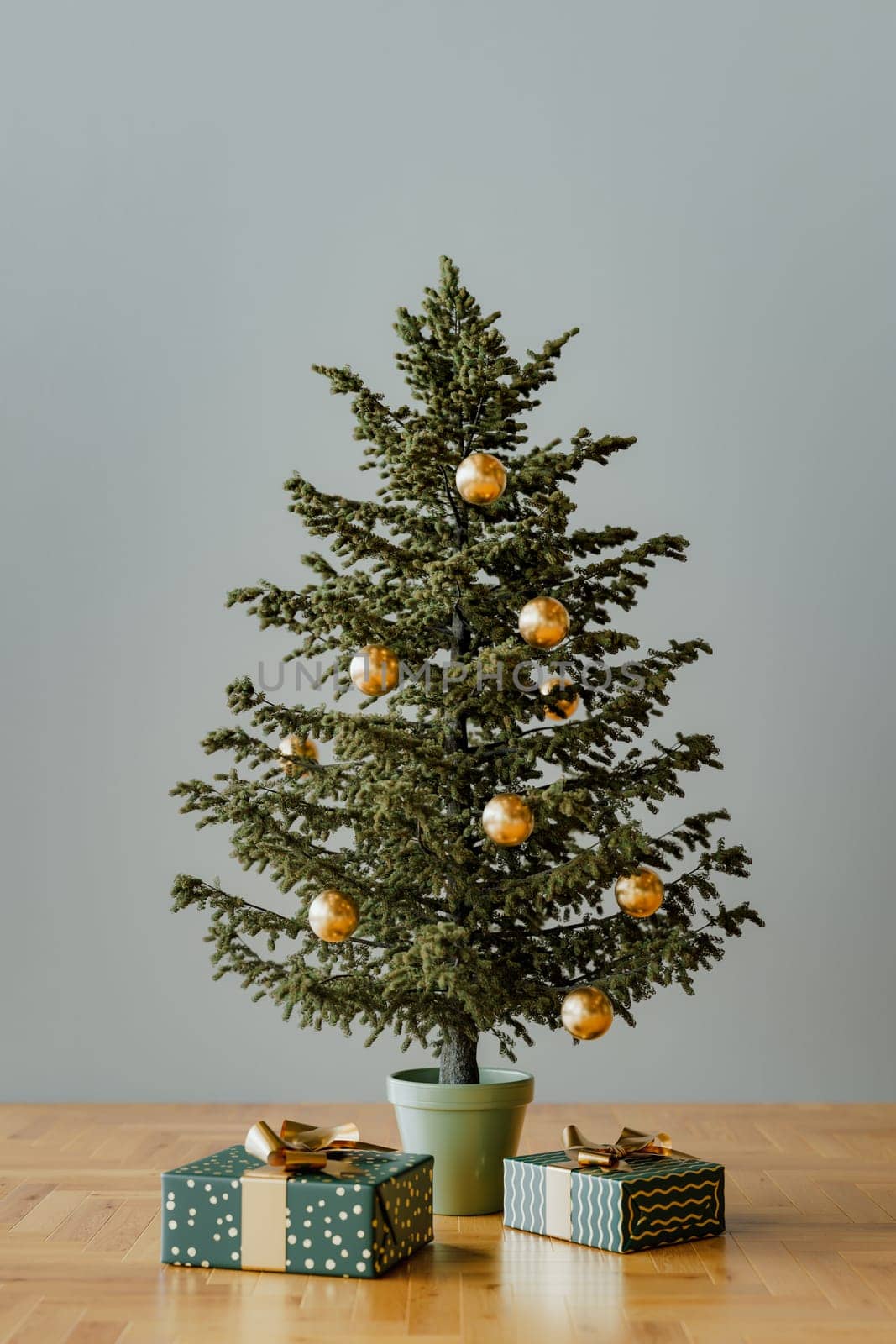 Decorated Christmas tree with parcels. High quality 3d illustration