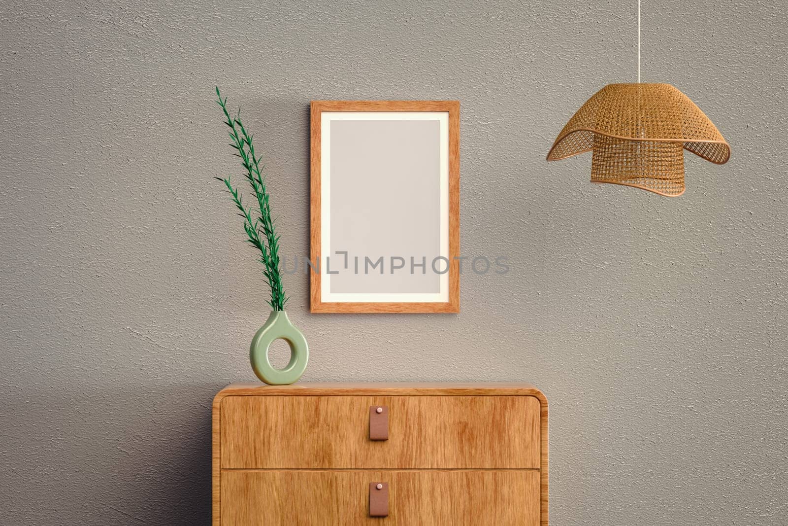 Wooden sideboard with empty picture frame and hanging wall lamp, mock up, 3D illustration
