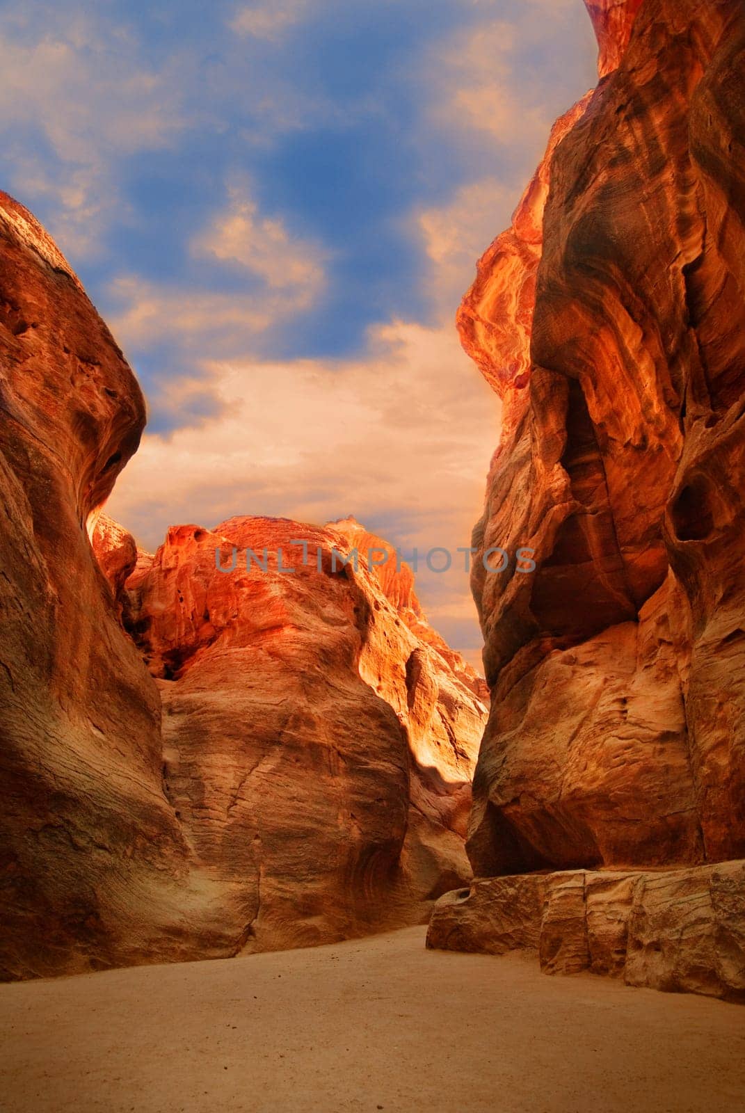 The Siq, main entrance to the ancient city of Petra, Jordan.