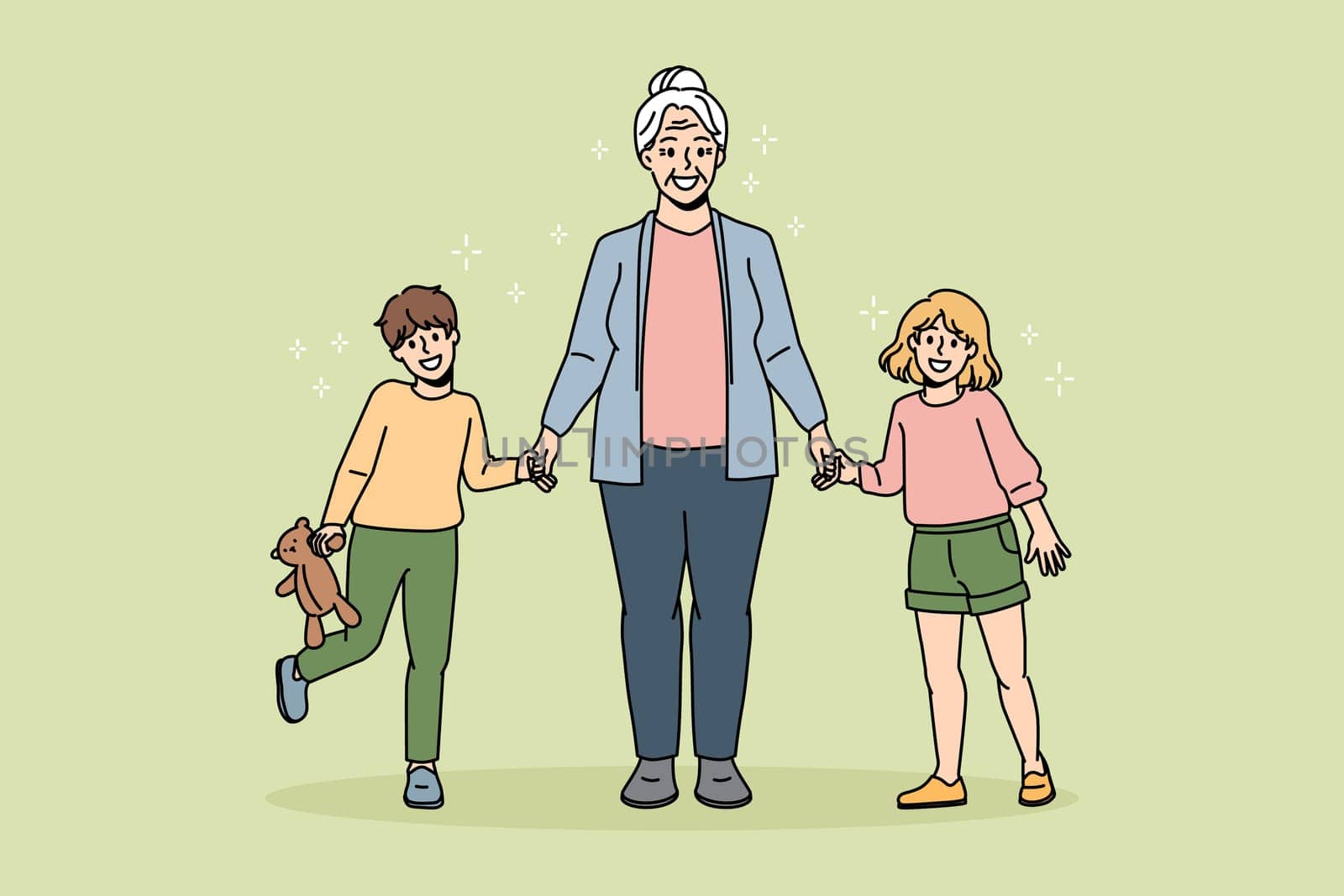 Happy grandmother active lifestyle concept. Smiling positive grandmother standing holding her grandchildren girl and boy with hands feeling cheerful vector illustration