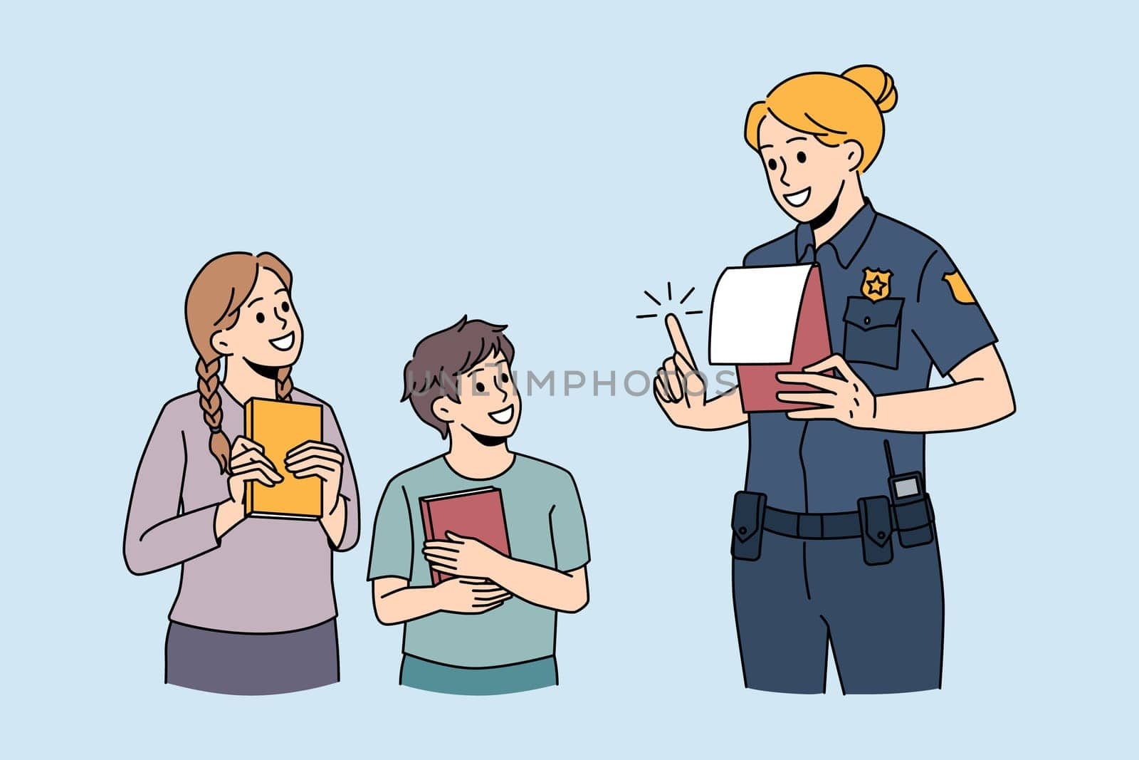 Education and learning police concept. Smiling children standing with notebooks and looking at policewoman telling them rules and teaching vector illustration