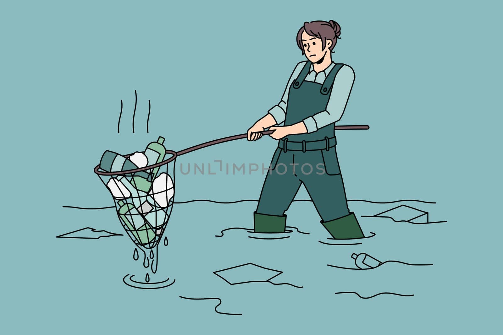 Taking care of Ecology and environment concept. Volunteer girl sitting in water and picking up collecting garbage trash taking care of ecological situation vector illustration