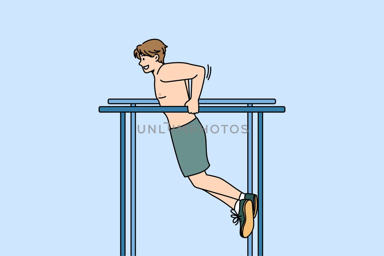 Outdoor sport training and workout concept. Positive young man athlete doing workout pulling up on horizontal bar outdoors vector illustration