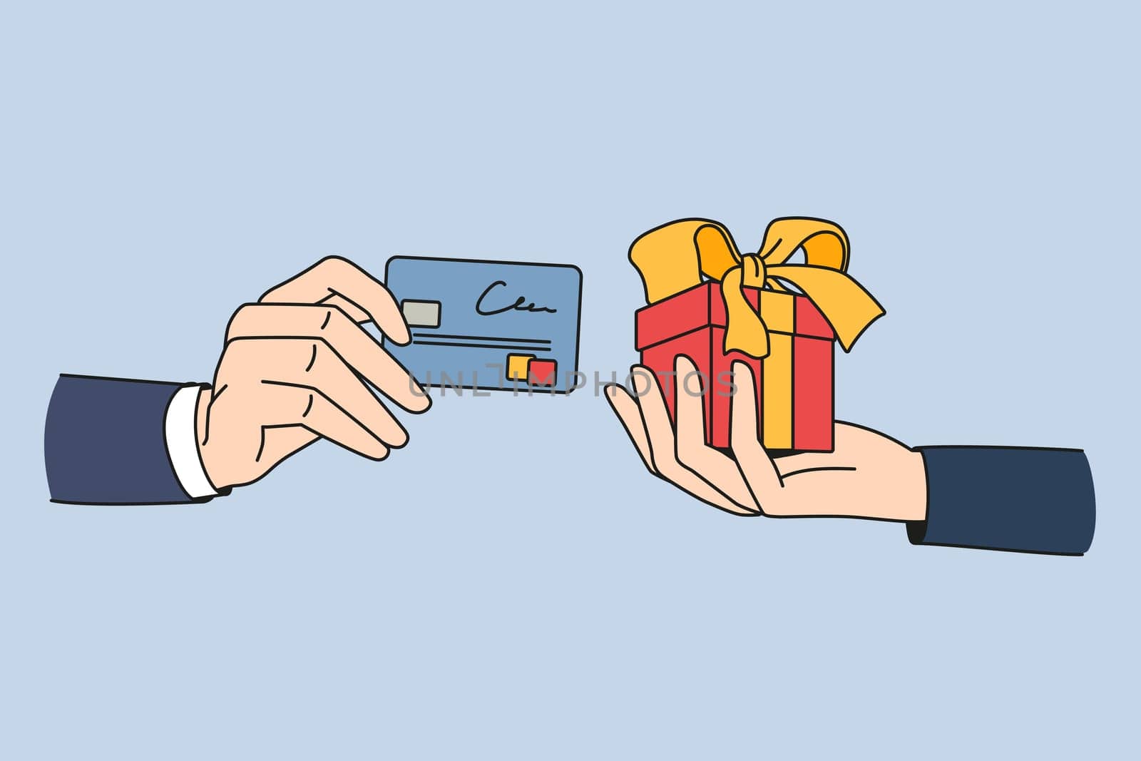 Delivery service and paying with card concept. Human hand making payment with credit card and hand of seller or deliveryman giving present holiday box vector illustration