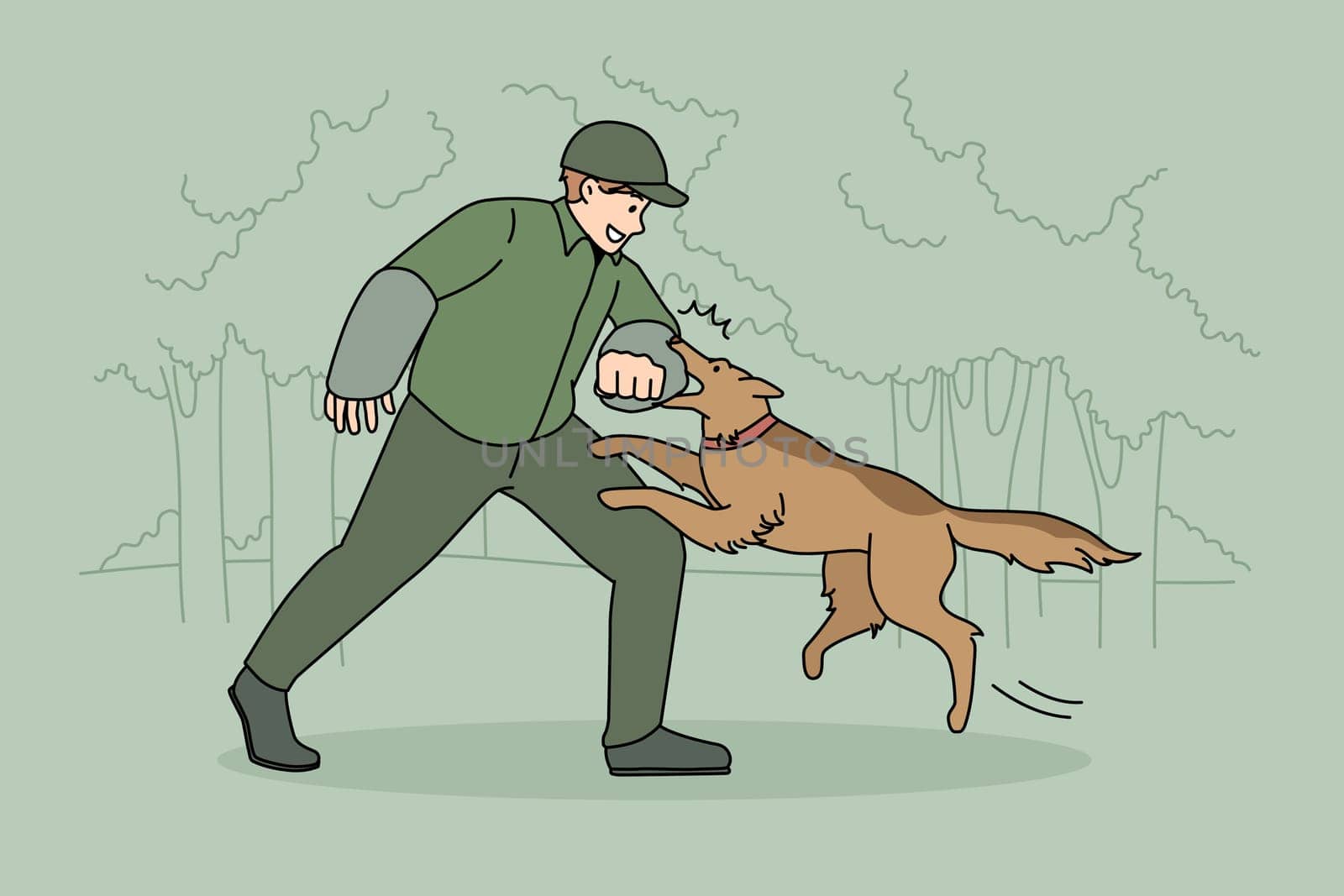 Dogs training and education concept. Young man pet owner or trainer handler training dog outdoors in park feeling playful vector illustration