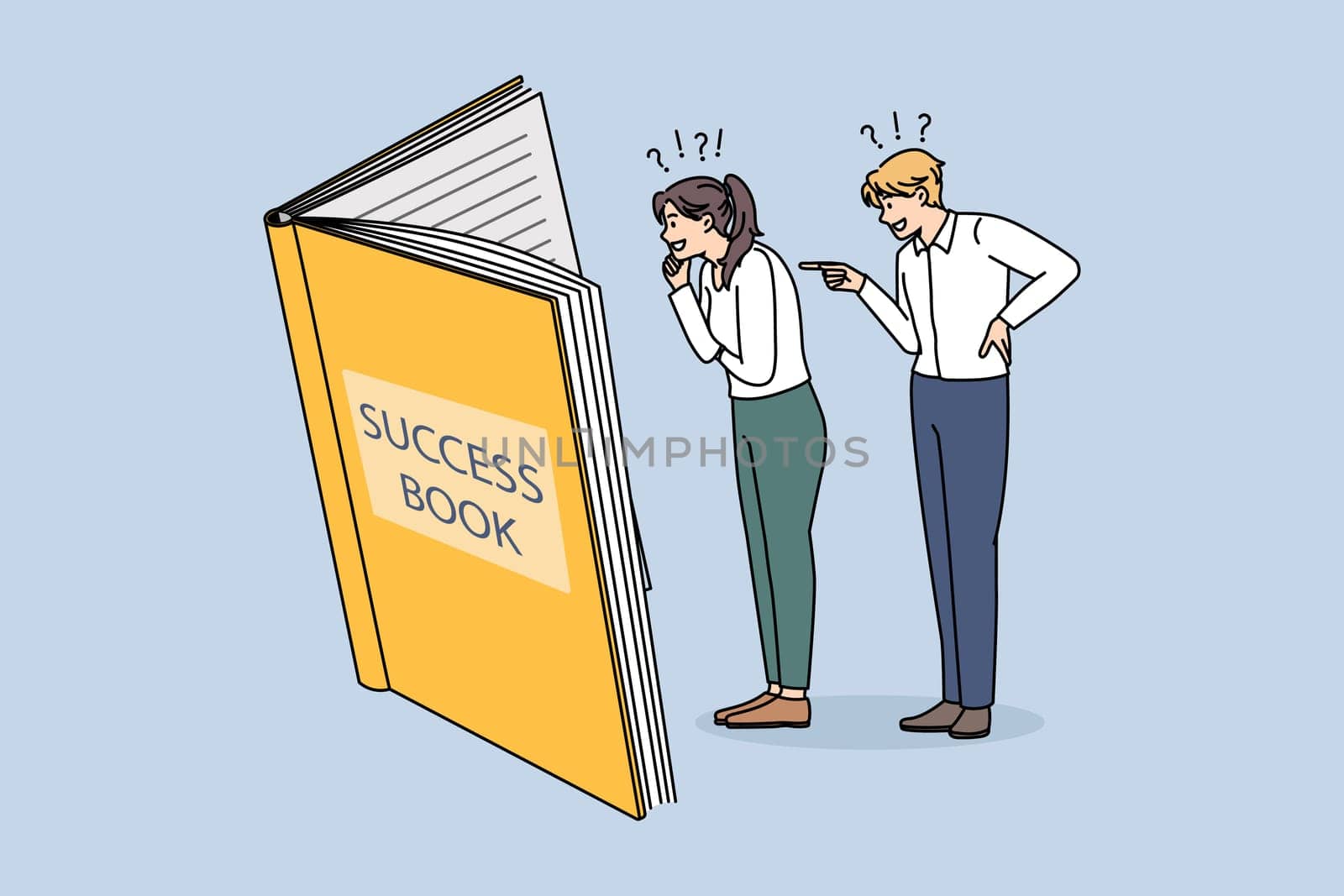 Business success and leadership concept. Two young smiling business people workers standing reading together success book for development vector illustration