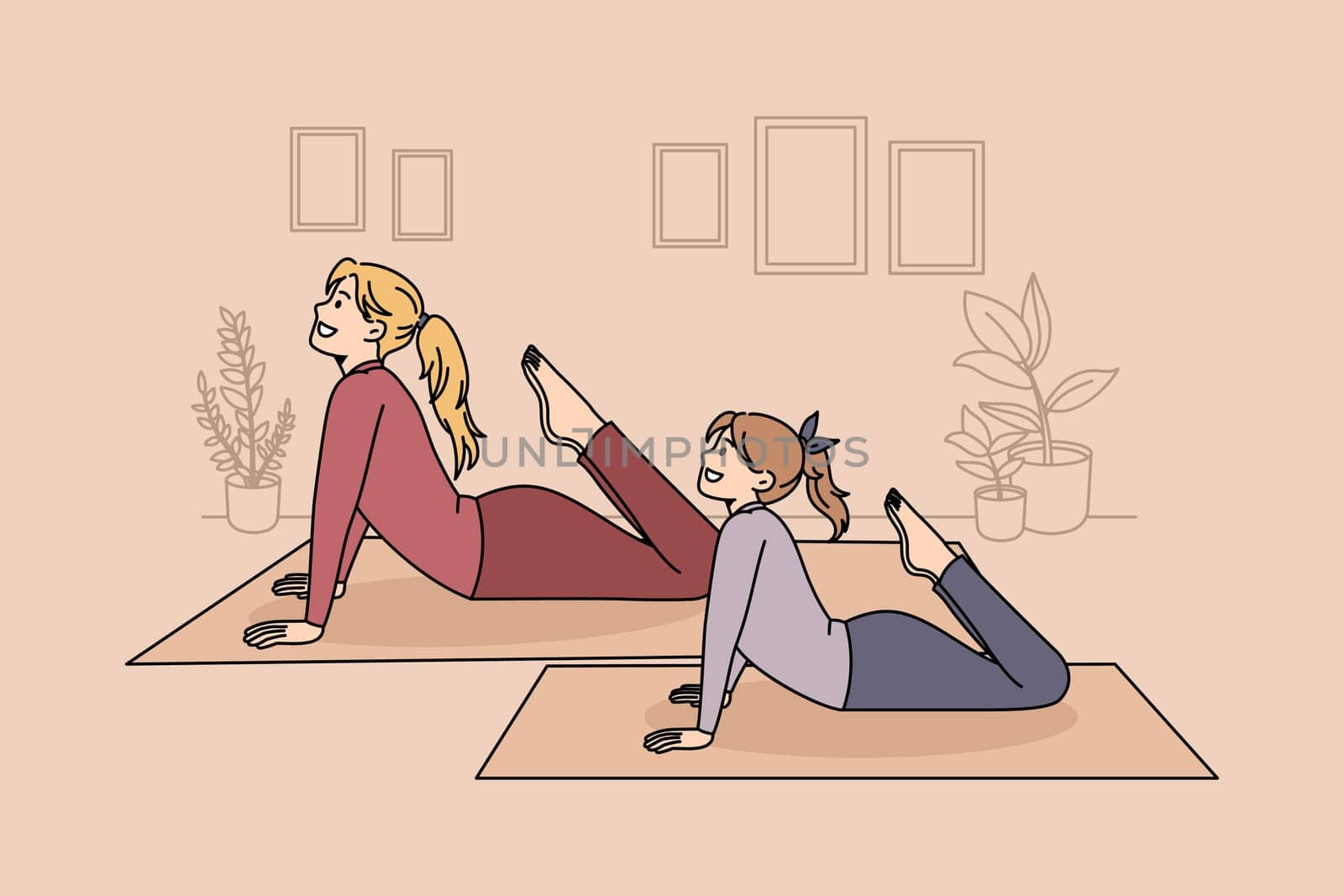 Family healthy lifestyle and yoga concept. Positive mother and daughter practicing yoga pilates or stretching at home together vector illustration