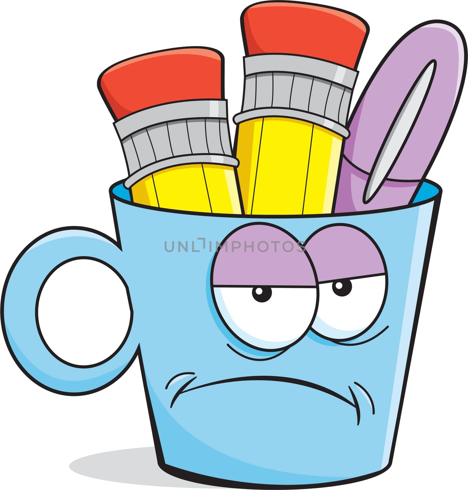 Cartoon illustration of a unhappy cup holding pencils and a pen.