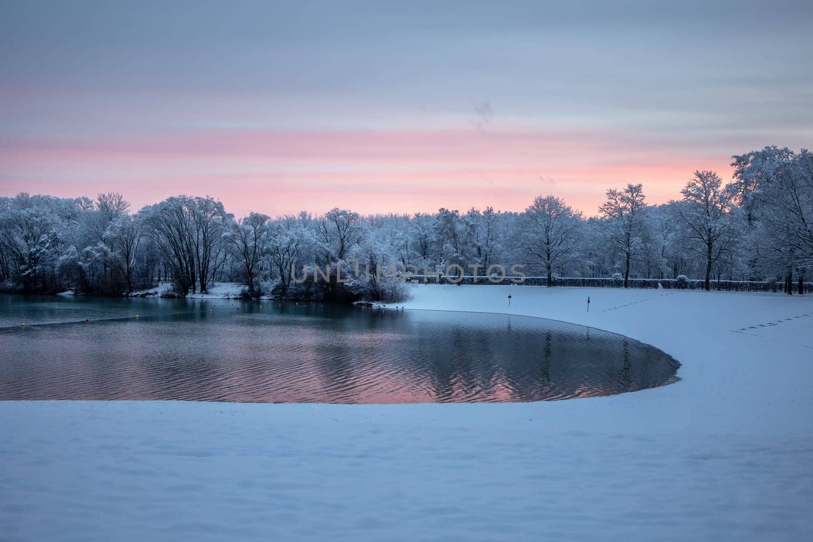 rural winter landscape at a lake