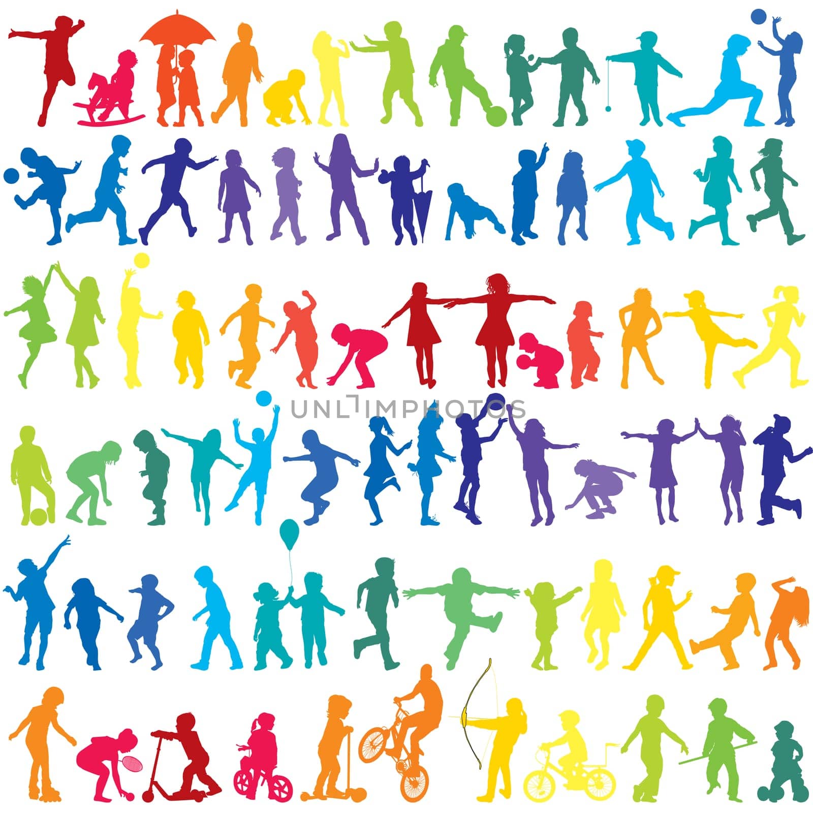 Colorful silhouettes of children playing isolated on white background