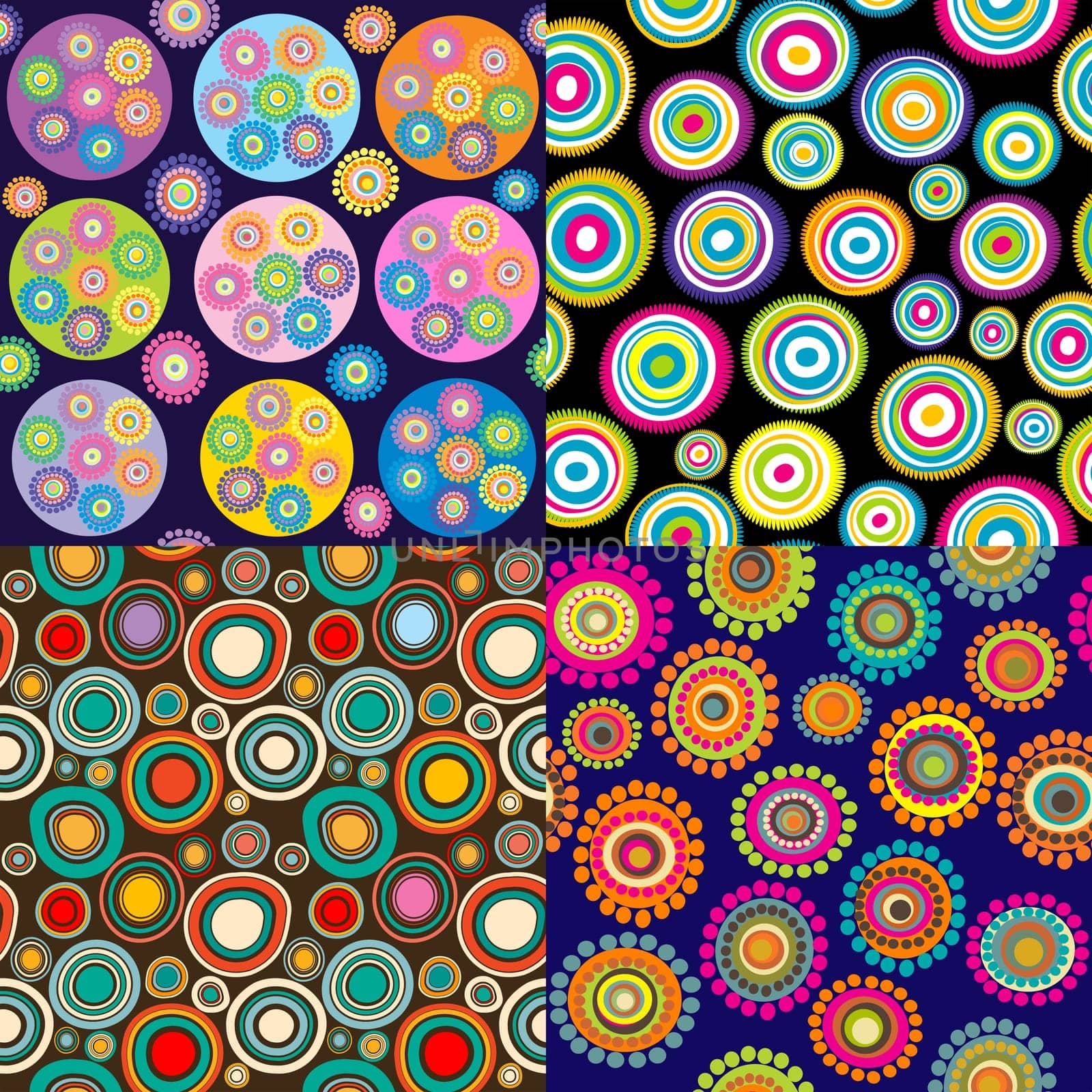 Set of four backgrounds with circular shapes and flowers made of dots