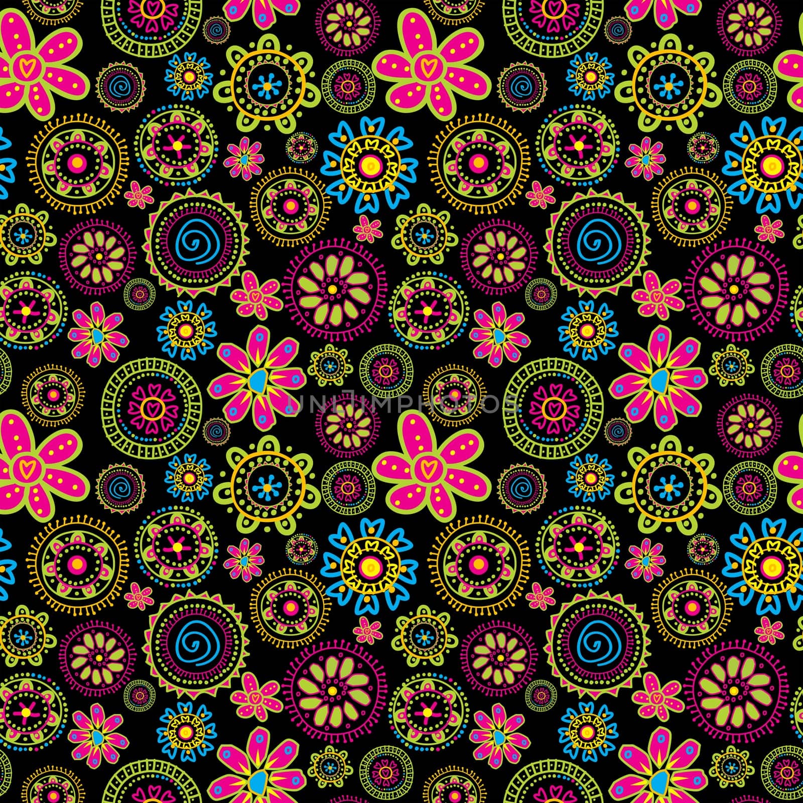 Floral seamless pattern with stylized flowers over black background