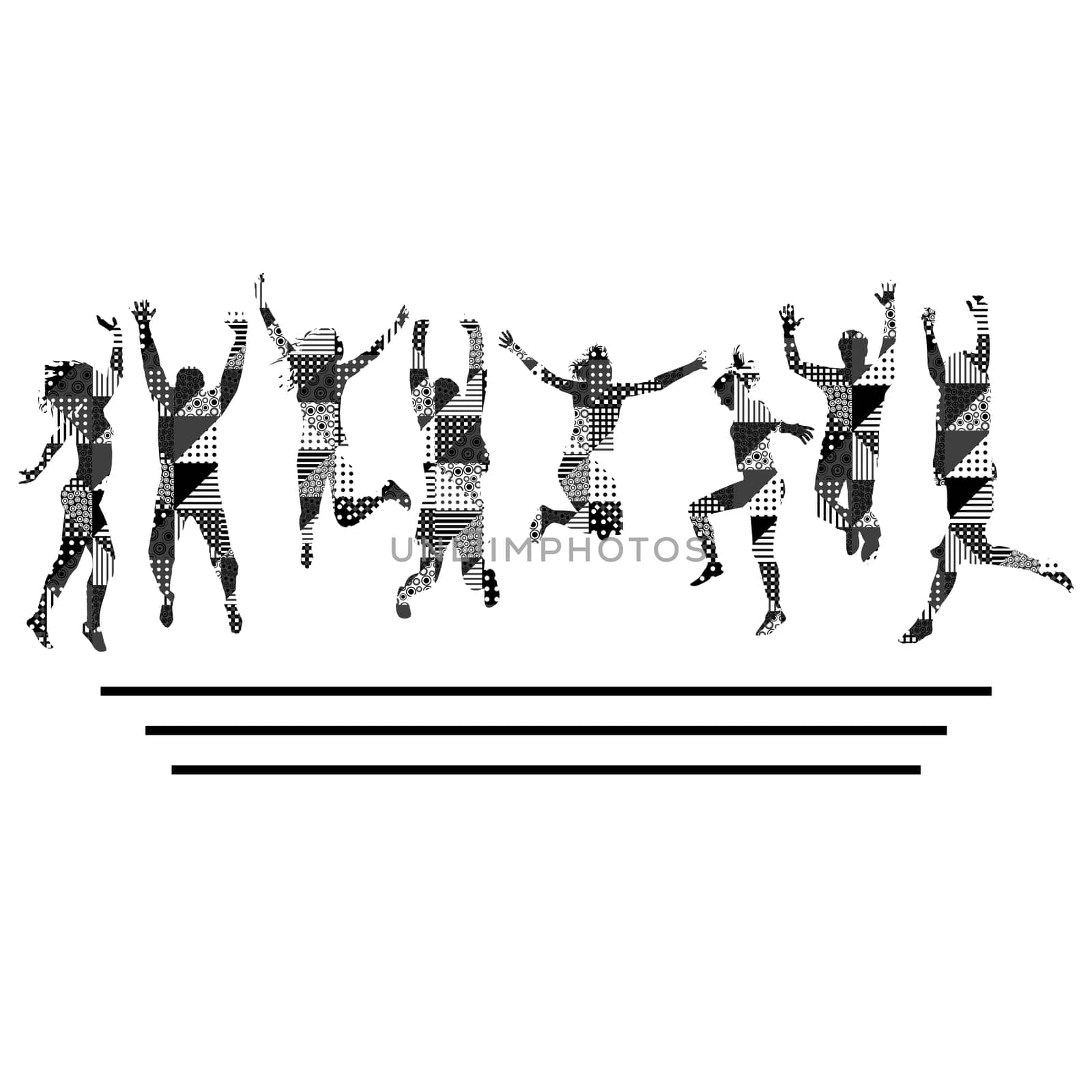 Silhouettes of black and white geometrical pattern men and women jumping