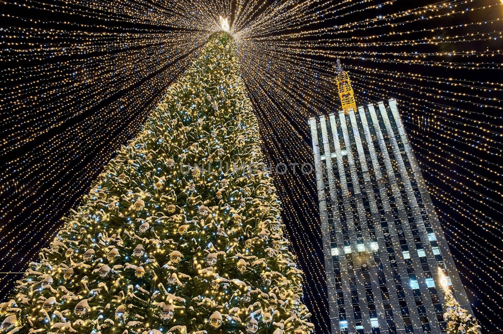 Christmas tree decorated with burning Christmas lights on the street. High quality photo