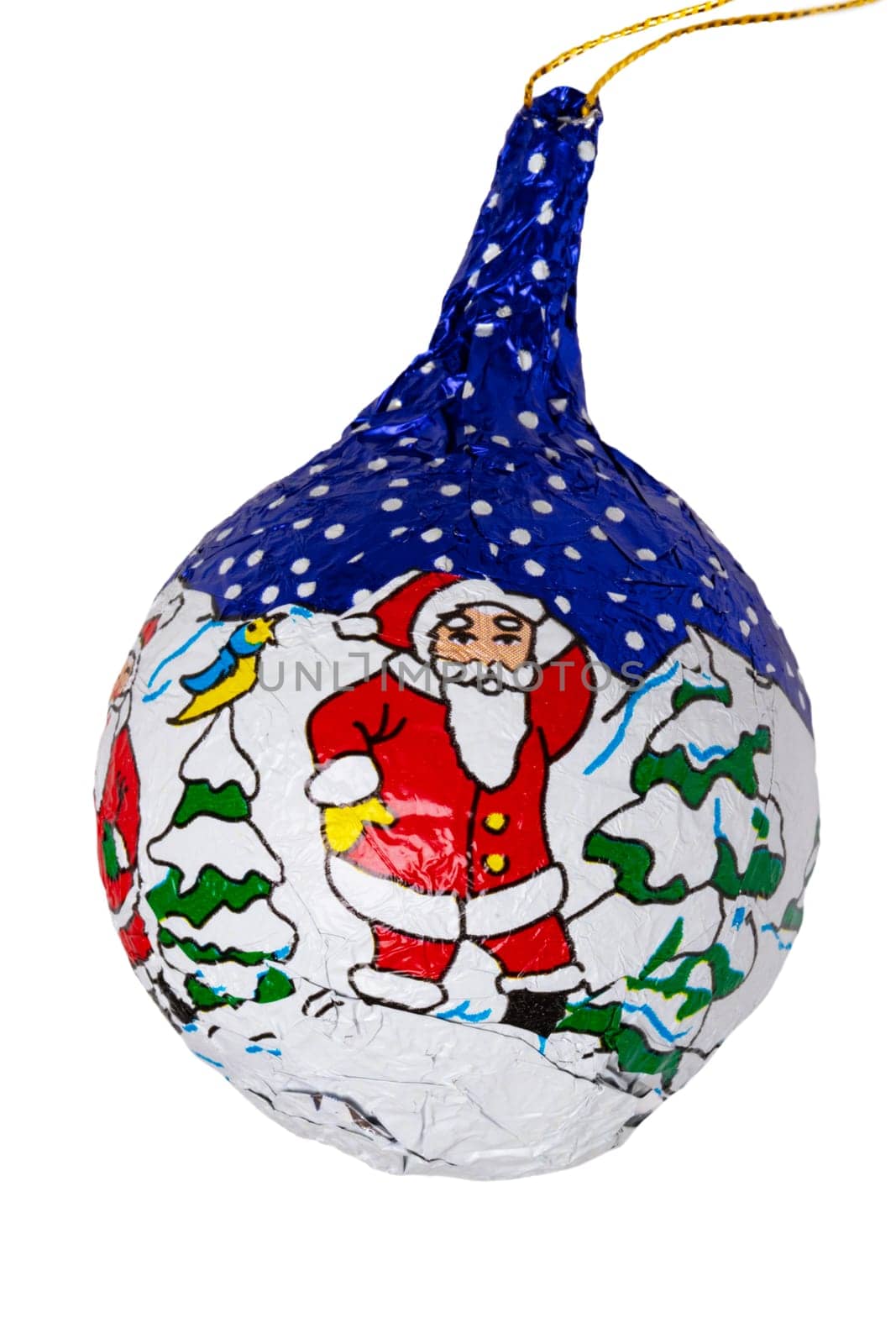 Christmas tree decorations. Close-up of cheerful wrapped chocolate xmas balls and cones figurines isolated on a white background. Macro photograph.