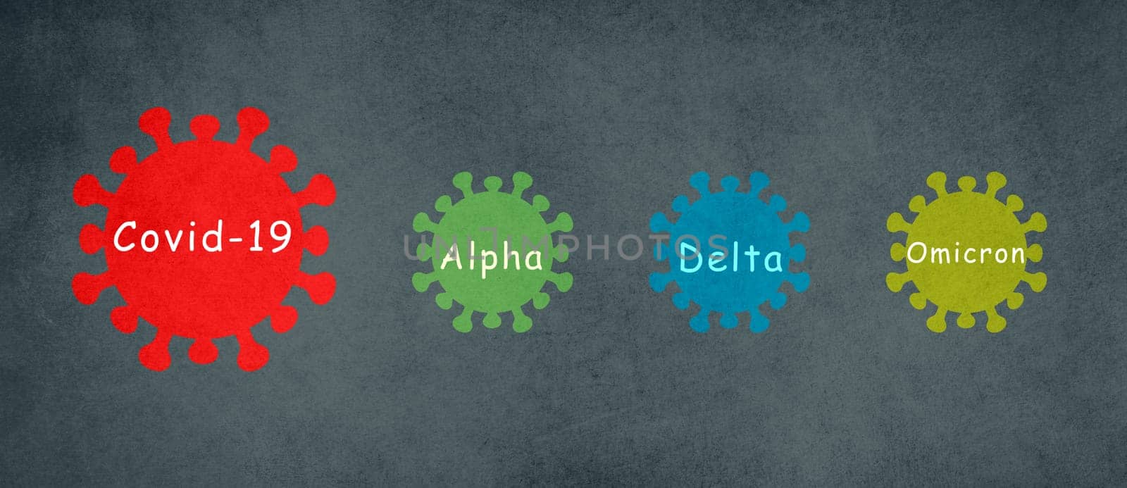 Covid-19 virus variants alpha, delta and omicron in a line, 3d illustration, pandemic