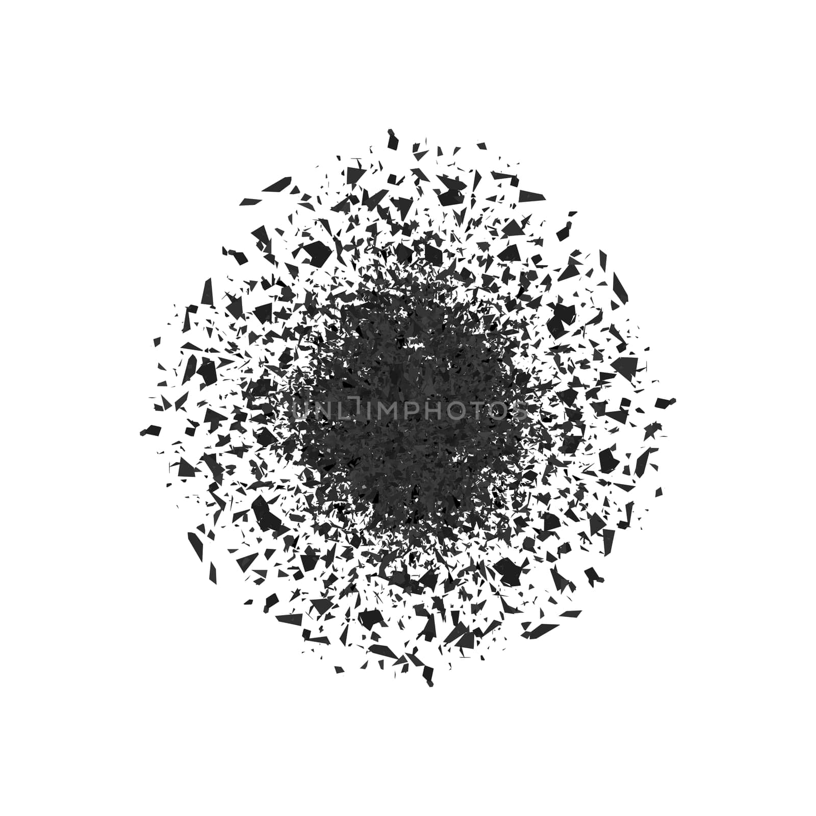 Explosion Cloud of Black Pieces on Gray Background. Sharp Particles Randomly Fly in the Air. Big Explosion.