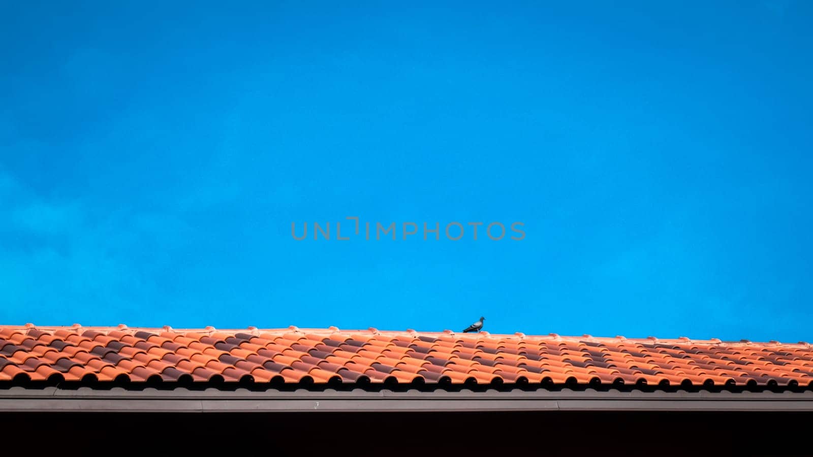 roof top on sky background. Close up of brown clay roof tiles. Red old dirty roof. Old roof tiles. Close-up aerial view of the traditional red Mediterranean roofs with blue summer sky in the old town