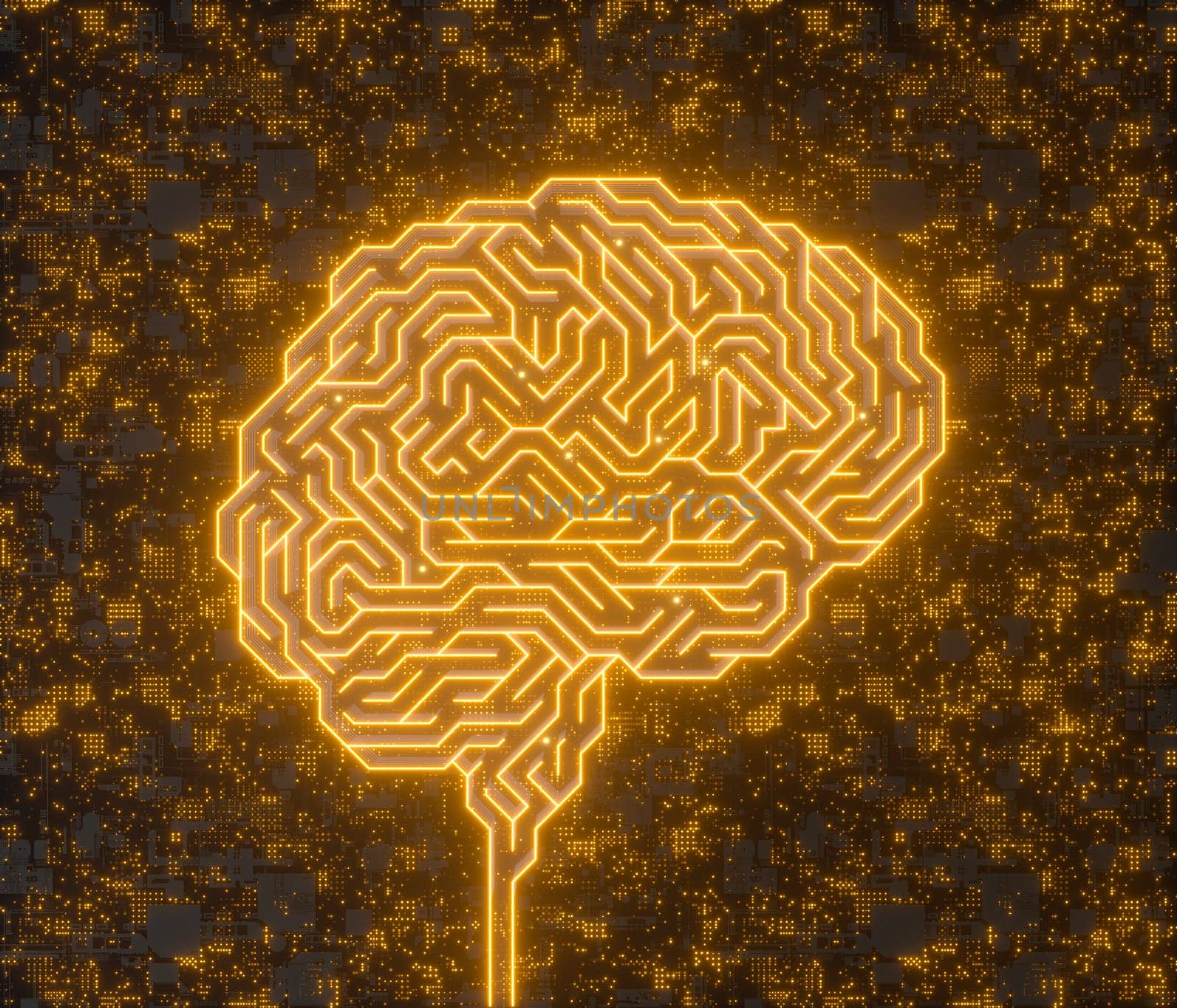 3D illustration of artificial intelligence, microchip forming a brain with lines of connections.