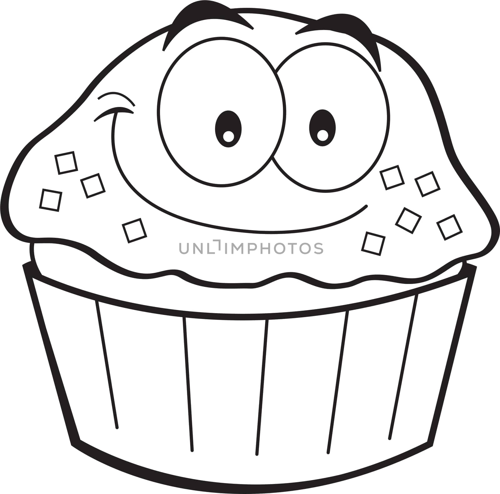 Black and white illustration of a cupcake smiling.