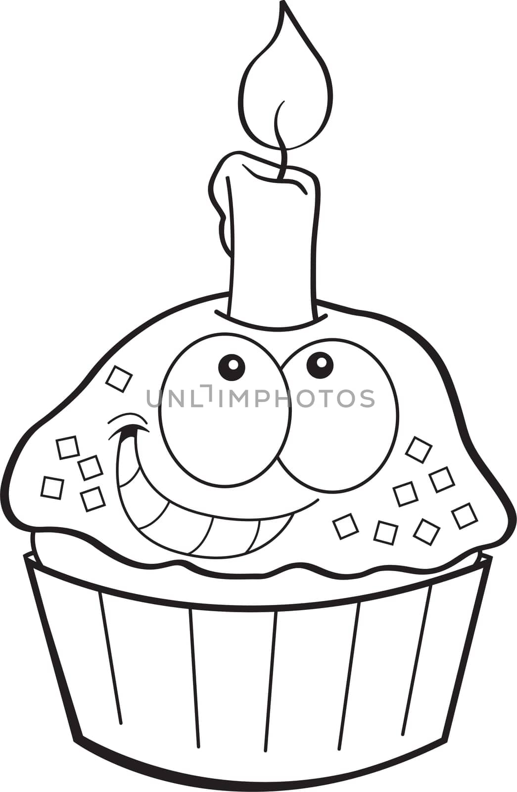 Black and white illustration of a cupcake with a candle.
