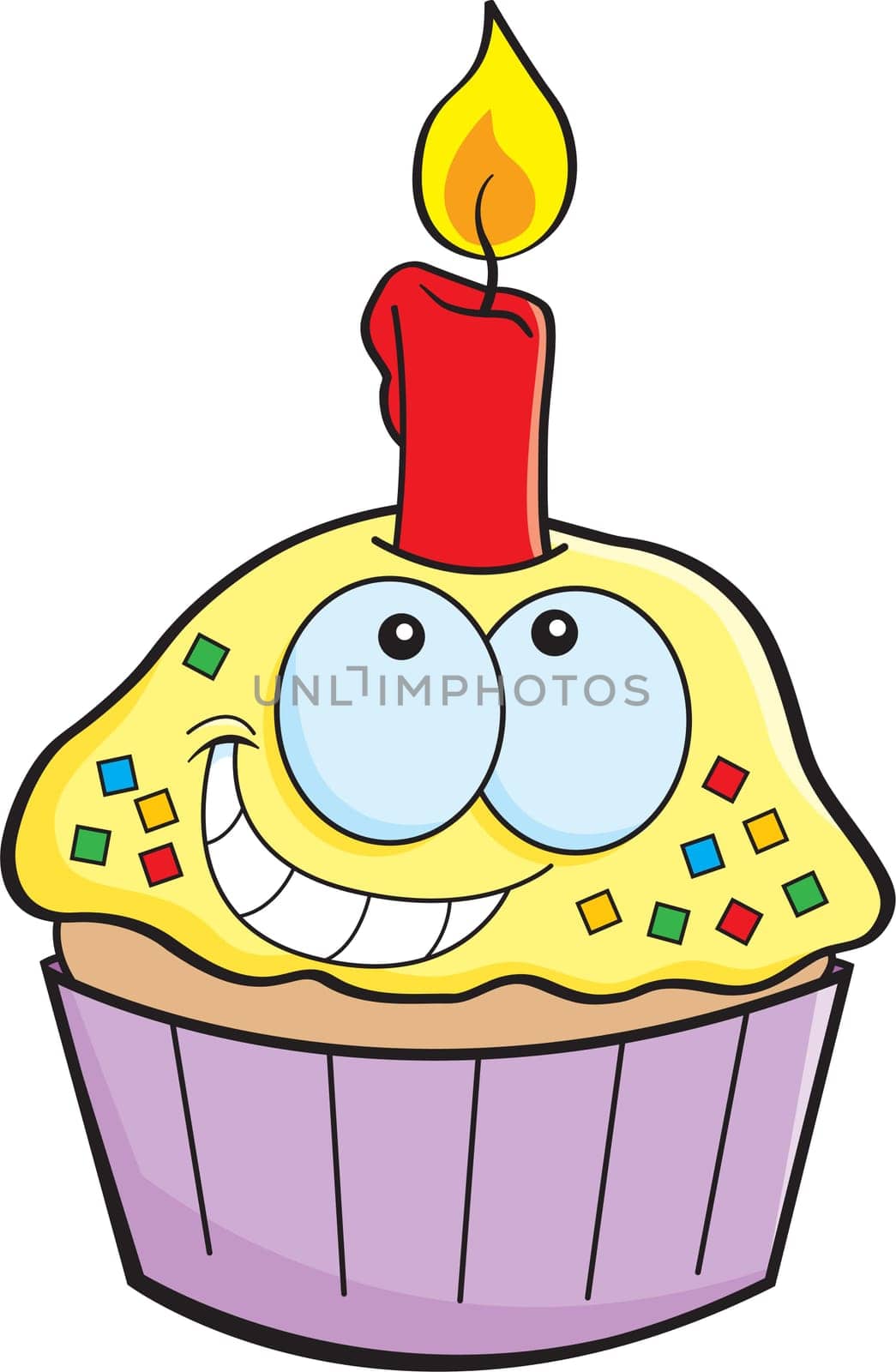 Cartoon illustration of a cupcake with a candle.