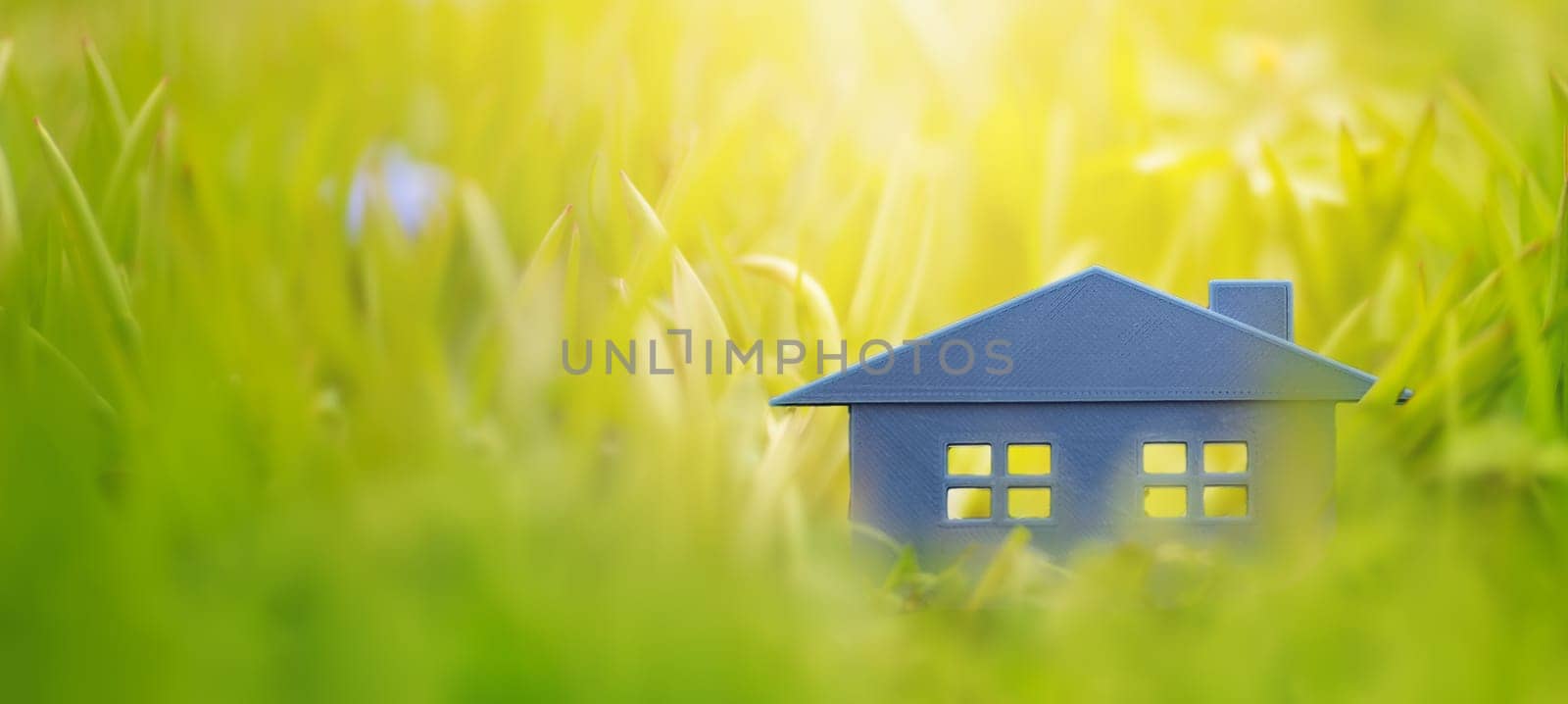 Plastic model of the house on the fresh grass on a sunny day. Model of a family housing standing on the meadow.