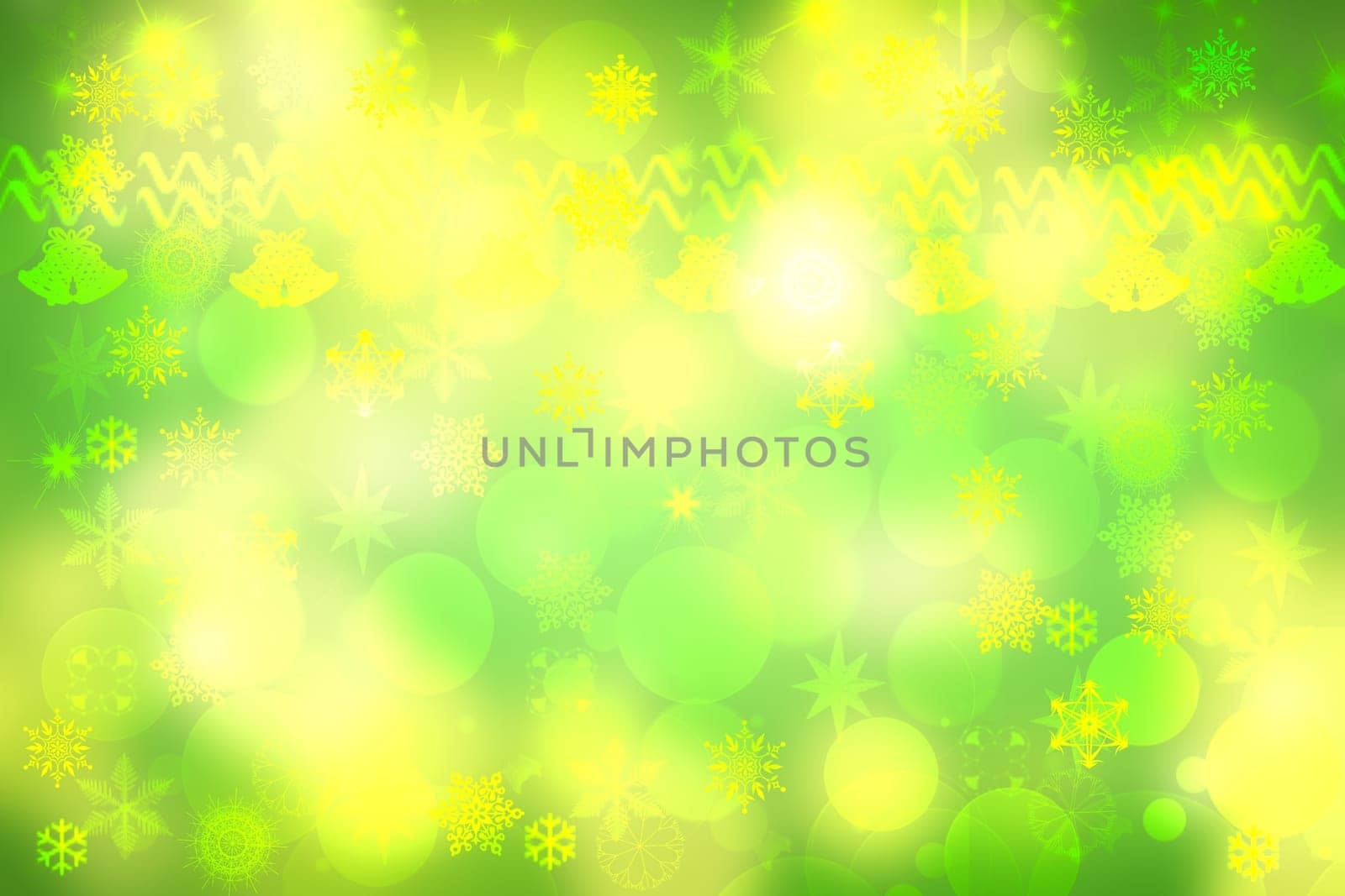 Abstract blurred festive light green yellow white winter christmas or Happy New Year background texture with yellow bokeh circles and stars. Card concept.