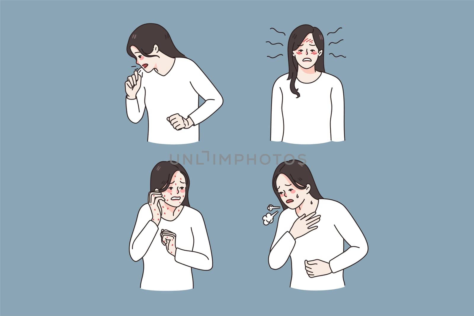 Young woman suffer from allergic reactions, cough and sweat. Unhealthy girl have red spots or inflammation struggle with seasonal or food allergy. Healthcare and medicine. Fat vector illustration.