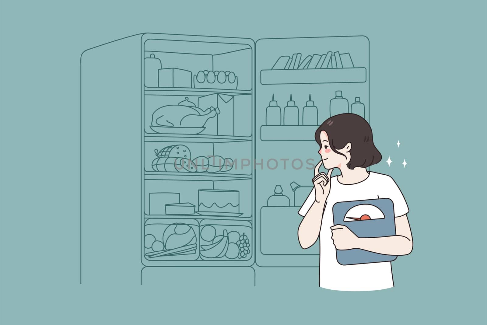 Pensive young woman with scales open fridge think of diet food or meal. Millennial girl look into refrigerator for low calorie product. Nutrition plan and weight loss concept. Vector illustration.