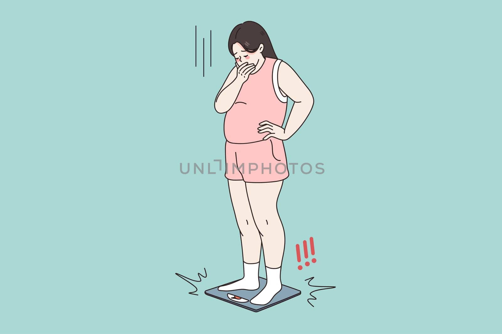 Unhappy obese woman stand on scales shocked by weight gain. Upset stressed fat girl frustrated by number on weigh. Overweight, obesity concept. Diet and healthy lifestyle. Vector illustration.